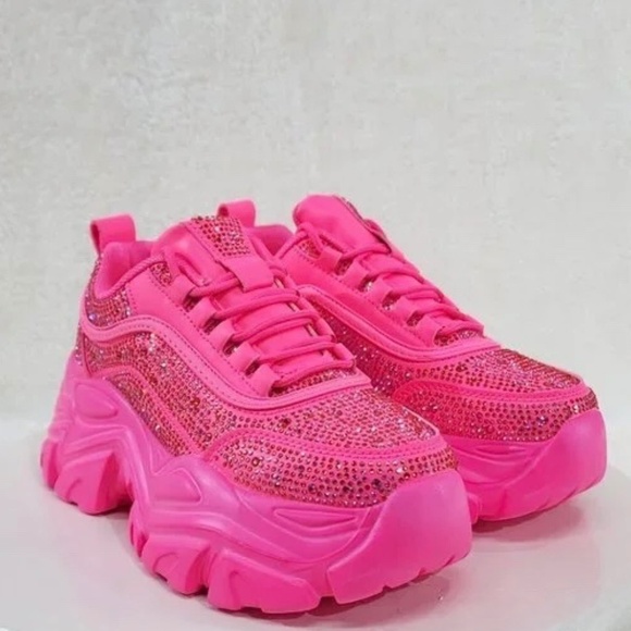 * Berness Hot Pink Rhinestone Platform Sneakers - Picture 1 of 6